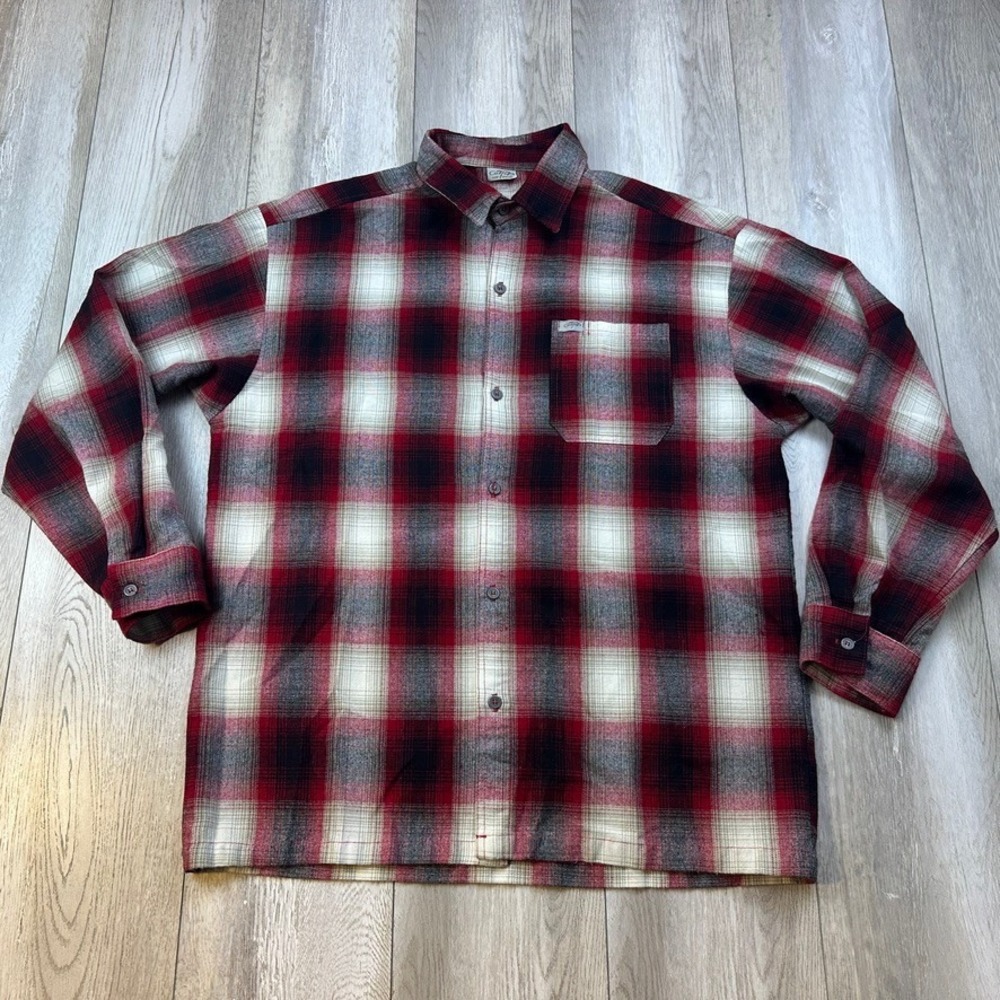 CalTop Shirt Men XL Red White Ombre Plaid Flannel LA Men Vintage 90s USA Made